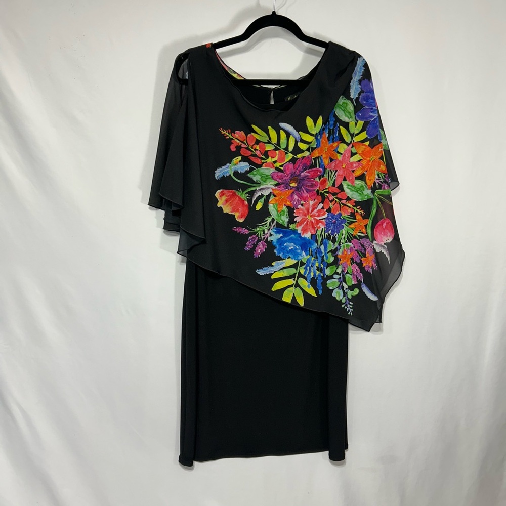 Vibrant Floral Asymmetrical Dress with sleeveless black shift dress as base.